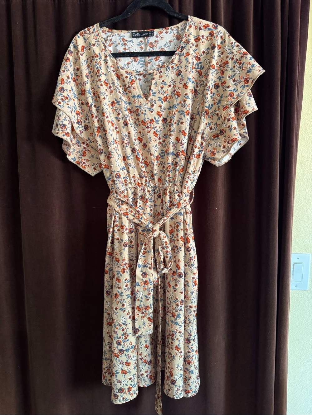 Floral Beige Midi Dress with Tie Waist